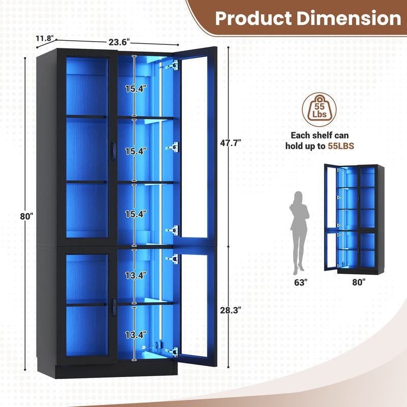 80'' Tall 5-Tier Display Cabinet with Glass Doors and Adjustable Shelves