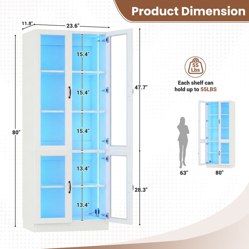 80'' Tall 5-Tier Display Cabinet with Glass Doors and Adjustable Shelves