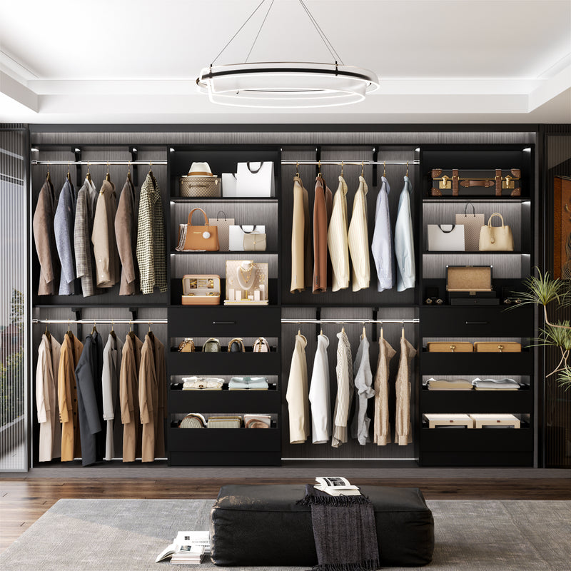 80 - 117 Inch Closet System with 8 Wooden Drawers, 4 Hanging Rods & Shelf Towers, Set of 2