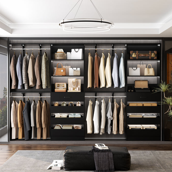 80 - 117 Inch Closet System with 8 Wooden Drawers, 4 Hanging Rods & Shelf Towers, Set of 2