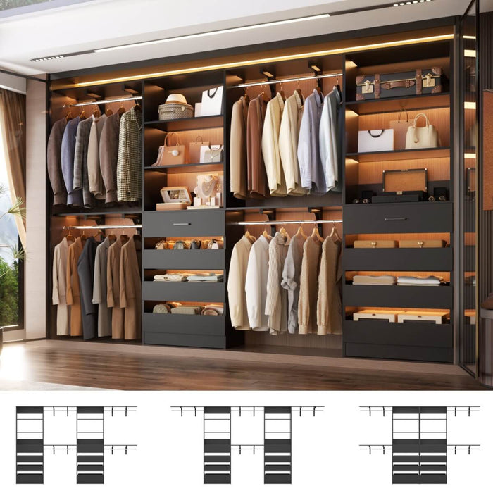 80 - 117 Inch Closet System with 8 Wooden Drawers, 4 Hanging Rods & Shelf Towers, Set of 2