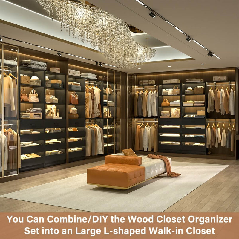 80 - 117 Inch Closet System with 8 Wooden Drawers, 4 Hanging Rods & Shelf Towers, Set of 2