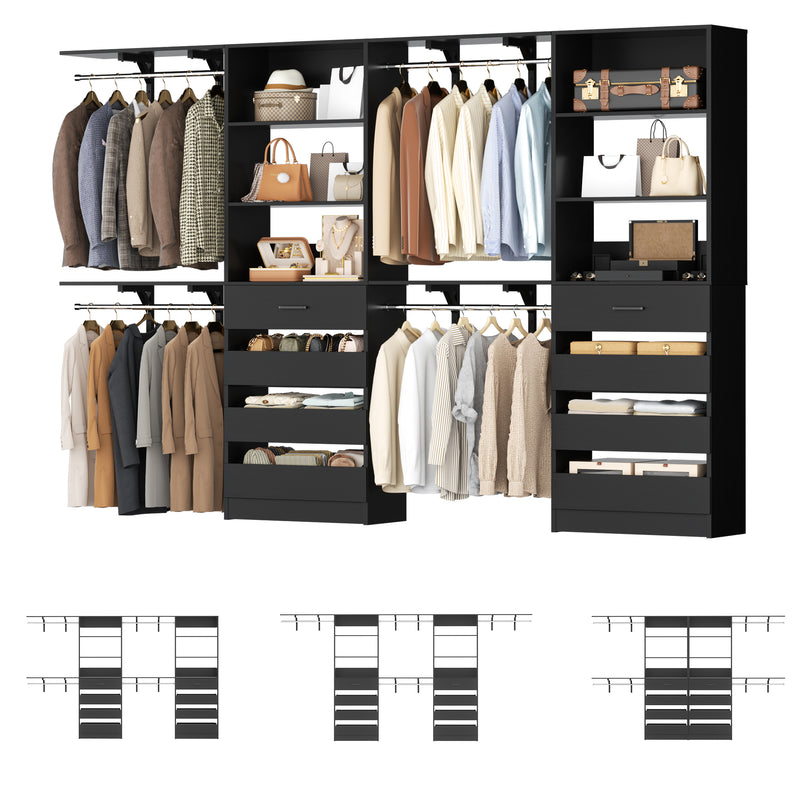 80 - 117 Inch Closet System with 8 Wooden Drawers, 4 Hanging Rods & Shelf Towers, Set of 2