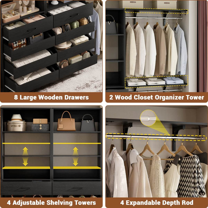 80 - 117 Inch Closet System with 8 Wooden Drawers, 4 Hanging Rods & Shelf Towers, Set of 2