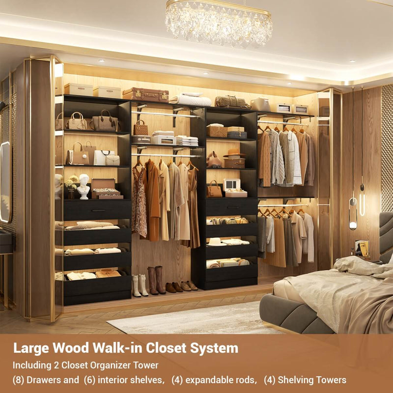 80 - 117 Inch Closet System with 8 Wooden Drawers, 4 Hanging Rods & Shelf Towers, Set of 2
