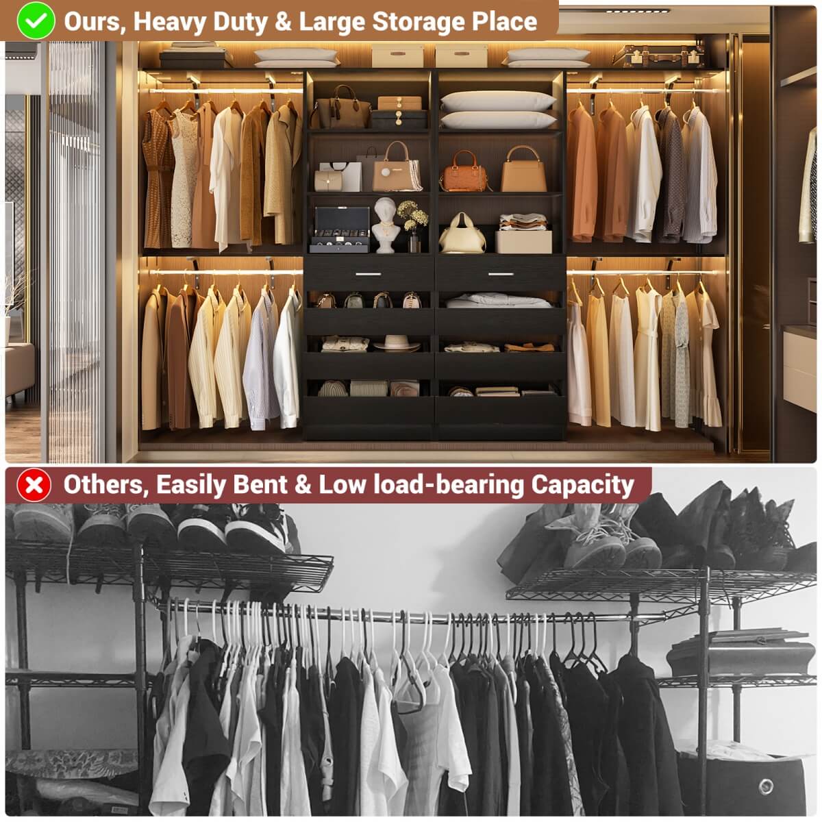 Aheaplus 80 - 117 Inch Closet System with Wooden Drawers, Hanging