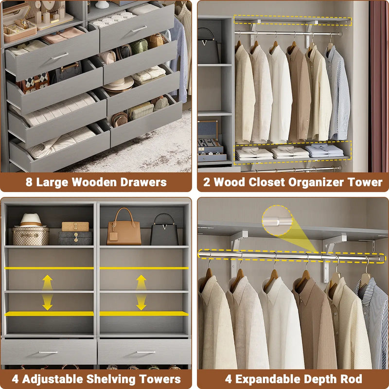 80 - 117 Inch Closet System with 8 Wooden Drawers, 4 Hanging Rods & Shelf Towers, Set of 2