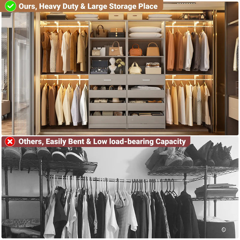 80 - 117 Inch Closet System with 8 Wooden Drawers, 4 Hanging Rods & Shelf Towers, Set of 2