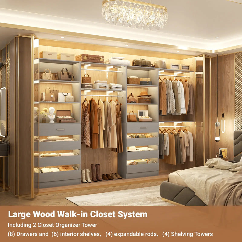 80 - 117 Inch Closet System with 8 Wooden Drawers, 4 Hanging Rods & Shelf Towers, Set of 2