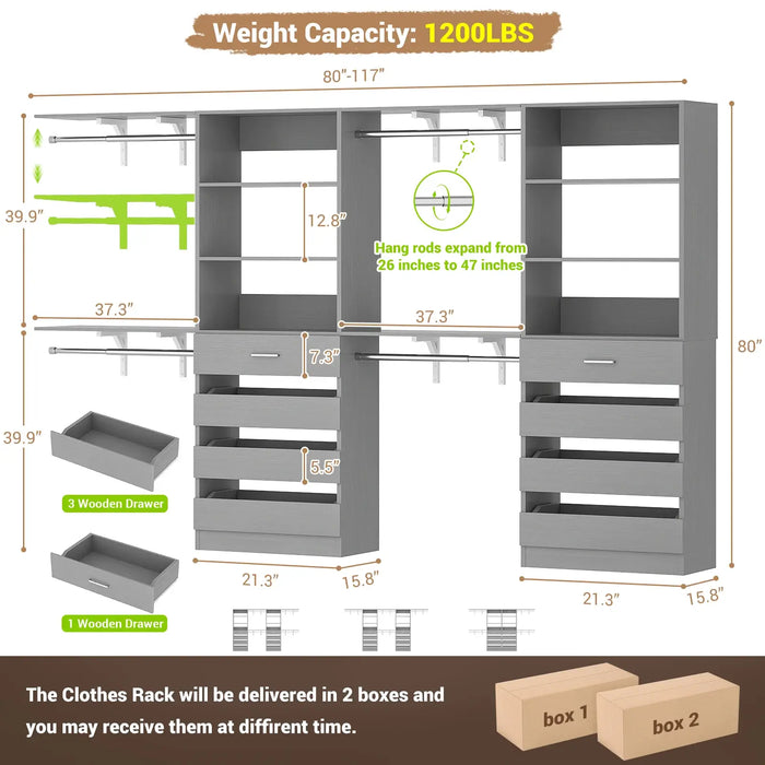 80 - 117 Inch Closet System with 8 Wooden Drawers, 4 Hanging Rods & Shelf Towers, Set of 2