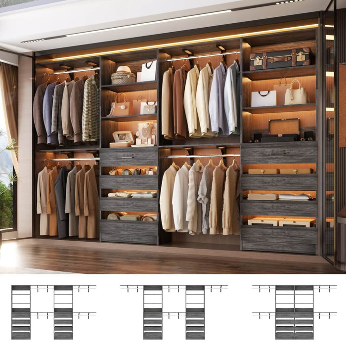 80 - 117 Inch Closet System with 8 Wooden Drawers, 4 Hanging Rods & Shelf Towers, Set of 2