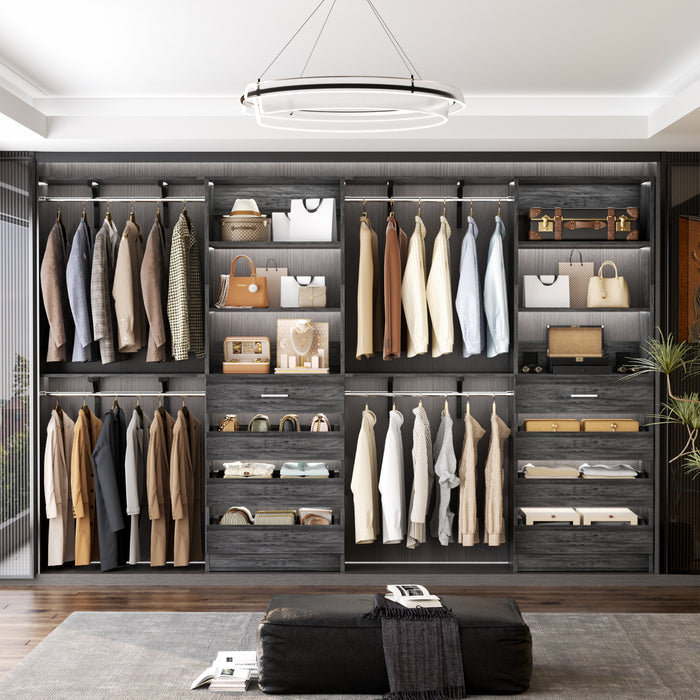 80 - 117 Inch Closet System with 8 Wooden Drawers, 4 Hanging Rods & Shelf Towers, Set of 2