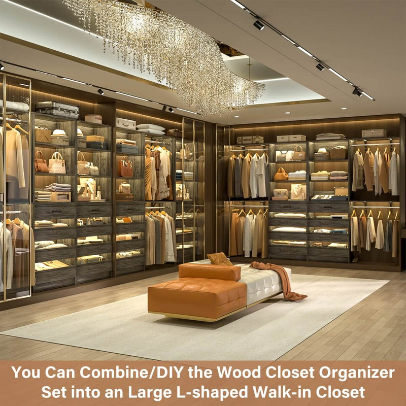 80 - 117 Inch Closet System with 8 Wooden Drawers, 4 Hanging Rods & Shelf Towers, Set of 2