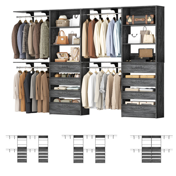 80 - 117 Inch Closet System with 8 Wooden Drawers, 4 Hanging Rods & Shelf Towers, Set of 2