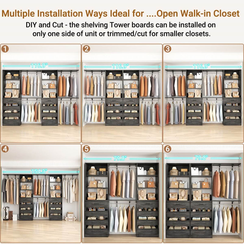80 - 117 Inch Closet System with 8 Wooden Drawers, 4 Hanging Rods & Shelf Towers, Set of 2