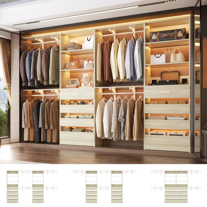 80 - 117 Inch Closet System with 8 Wooden Drawers, 4 Hanging Rods & Shelf Towers, Set of 2