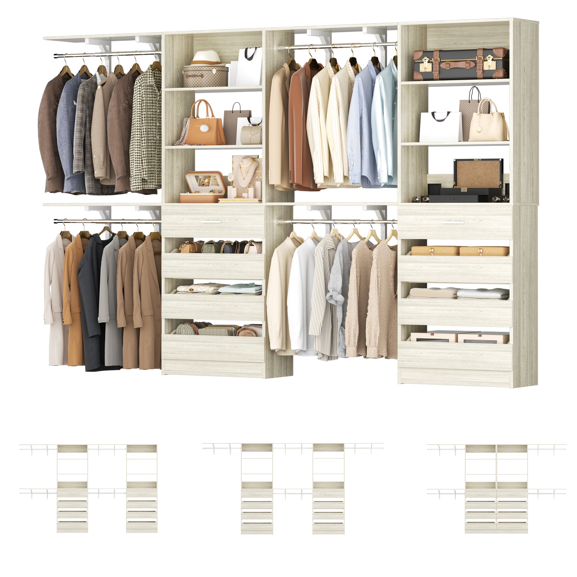 Aheaplus 80 - 117 Inch Closet System with Wooden Drawers, Hanging