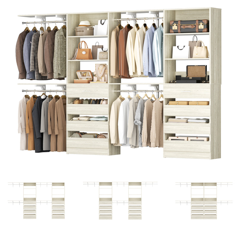 80 - 117 Inch Closet System with 8 Wooden Drawers, 4 Hanging Rods & Shelf Towers, Set of 2
