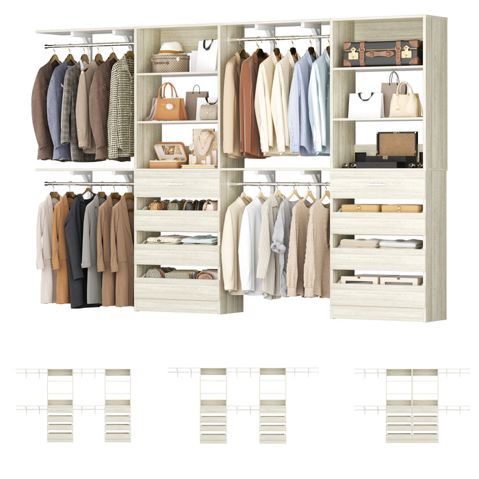 80 - 117 Inch Closet System with 8 Wooden Drawers, 4 Hanging Rods & Shelf Towers, Set of 2