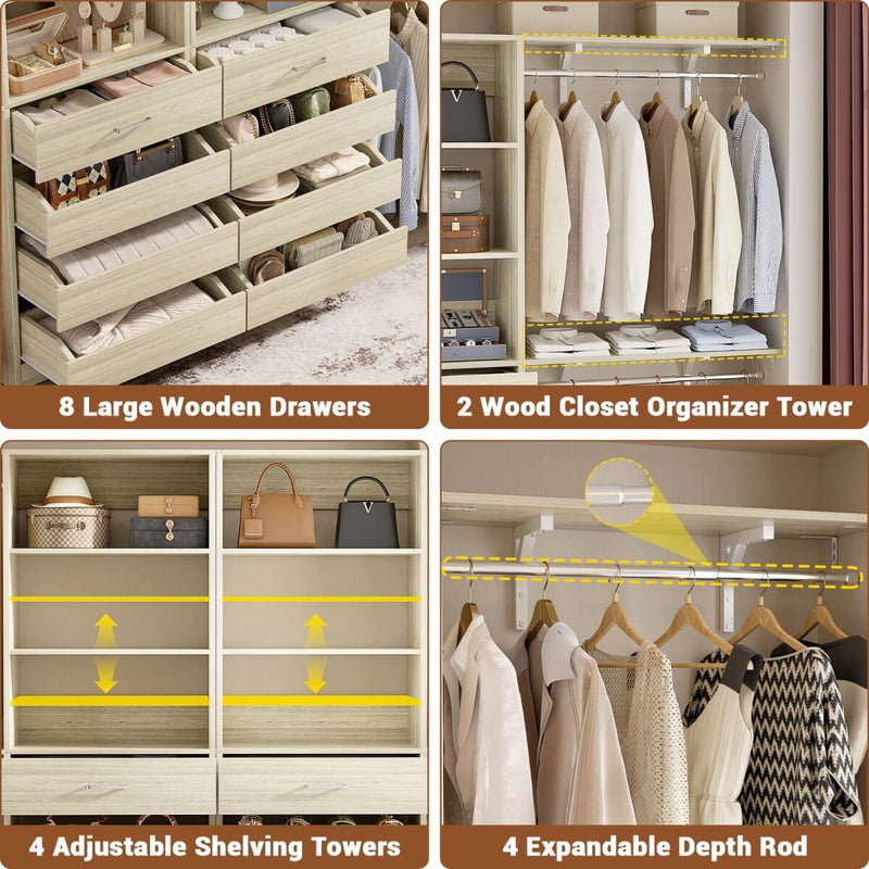 80 - 117 Inch Closet System with 8 Wooden Drawers, 4 Hanging Rods & Shelf Towers, Set of 2