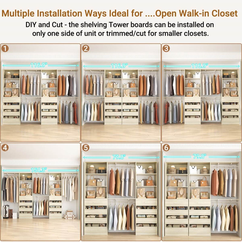 80 - 117 Inch Closet System with 8 Wooden Drawers, 4 Hanging Rods & Shelf Towers, Set of 2