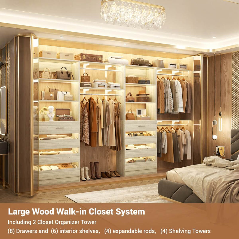 80 - 117 Inch Closet System with 8 Wooden Drawers, 4 Hanging Rods & Shelf Towers, Set of 2