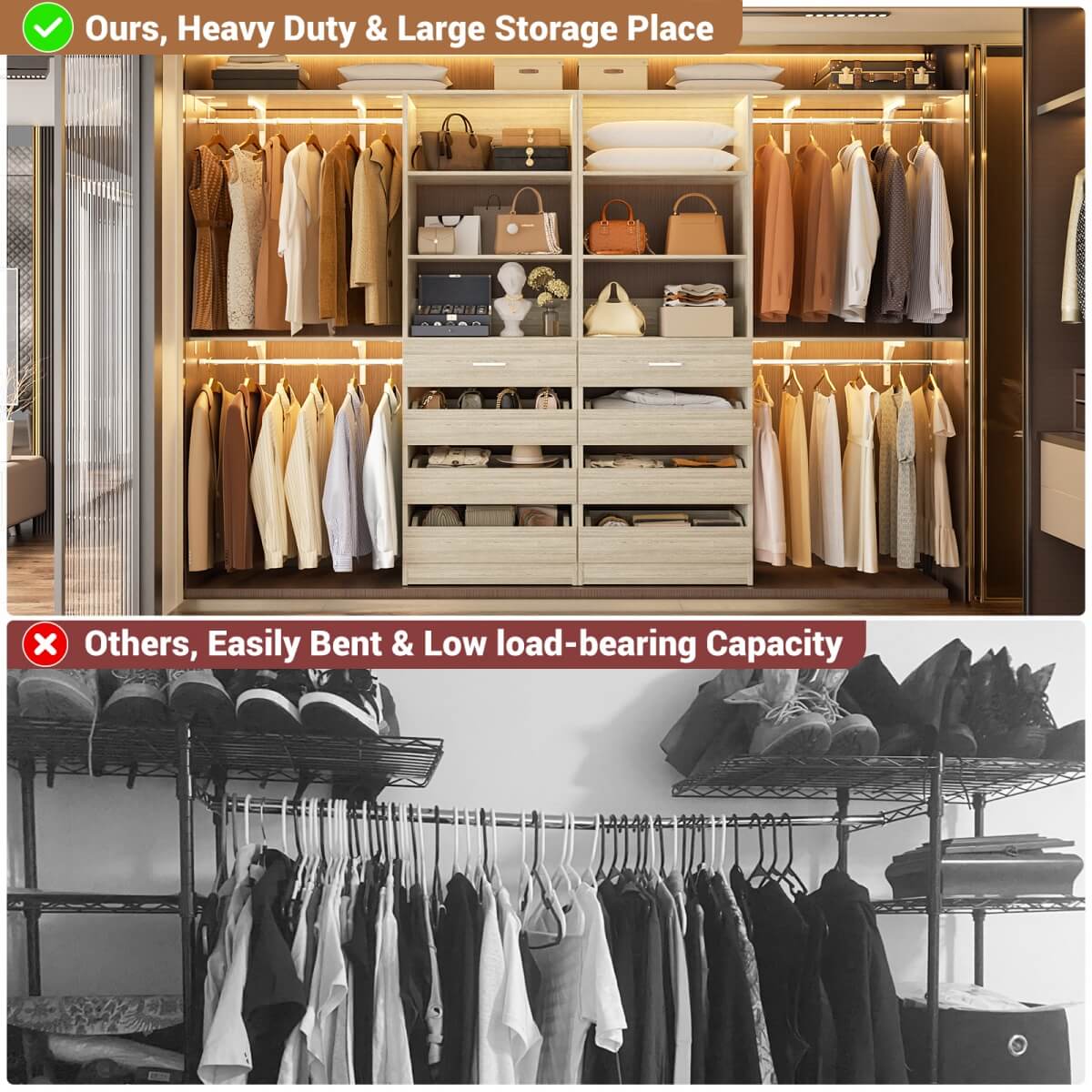 Aheaplus 80 - 117 Inch Closet System with Wooden Drawers, Hanging