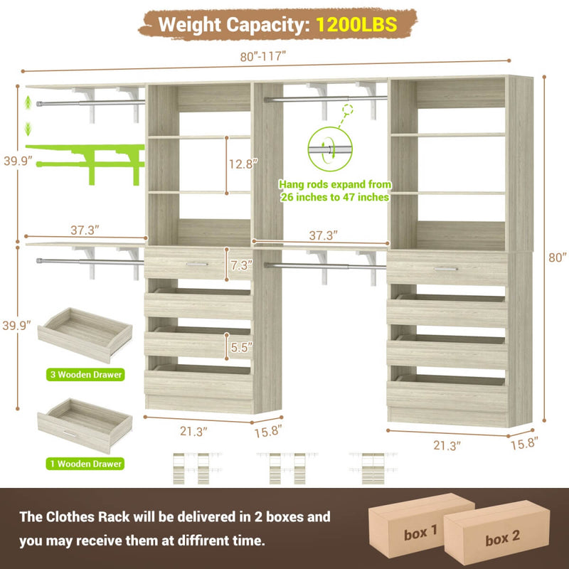 80 - 117 Inch Closet System with 8 Wooden Drawers, 4 Hanging Rods & Shelf Towers, Set of 2