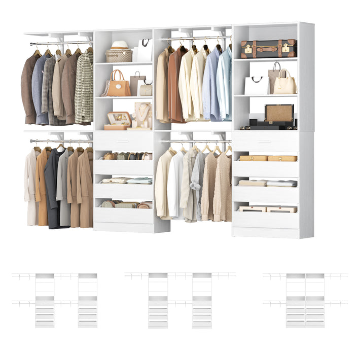 80 - 117 Inch Closet System with 8 Wooden Drawers, 4 Hanging Rods & Shelf Towers, Set of 2