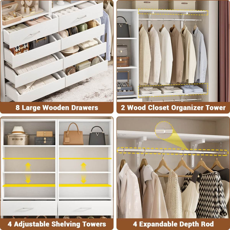 80 - 117 Inch Closet System with 8 Wooden Drawers, 4 Hanging Rods & Shelf Towers, Set of 2