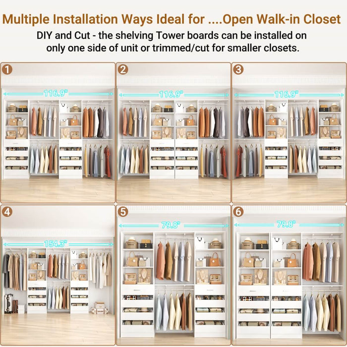 80 - 117 Inch Closet System with 8 Wooden Drawers, 4 Hanging Rods & Shelf Towers, Set of 2