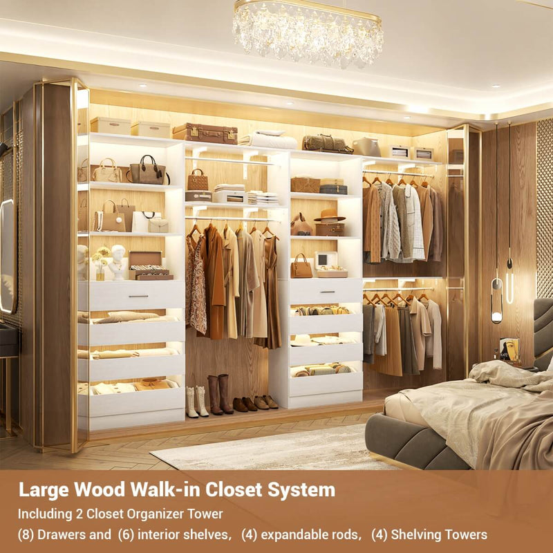 80 - 117 Inch Closet System with 8 Wooden Drawers, 4 Hanging Rods & Shelf Towers, Set of 2