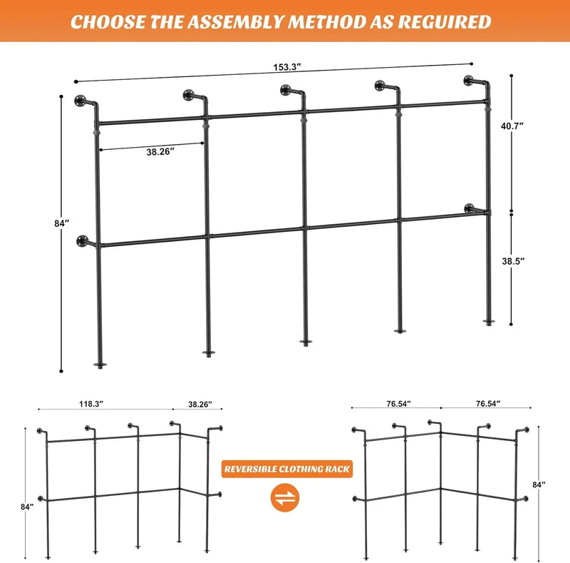 3.5 - 13 FT Wall Mounted Industrial Metal Pipe Clothing Rack, Reversible