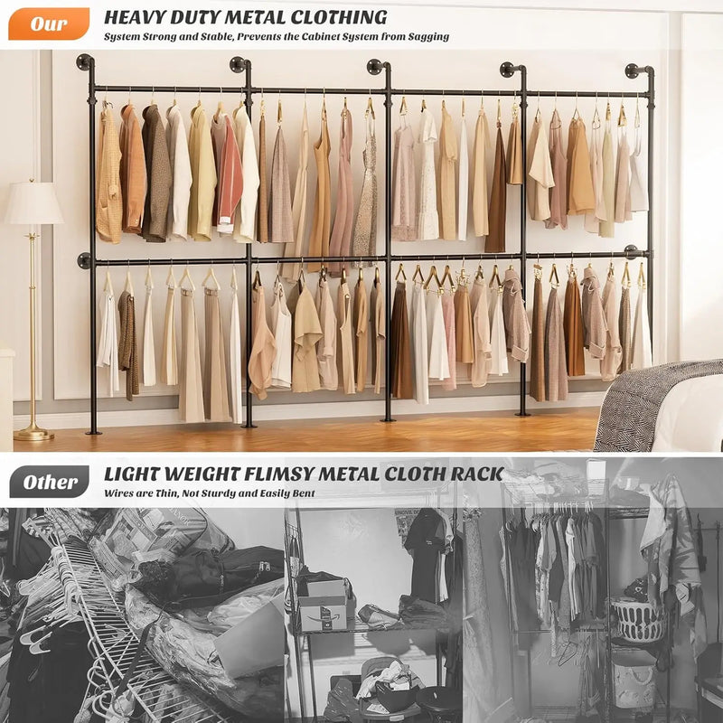 3.5 - 13 FT Wall Mounted Industrial Metal Pipe Clothing Rack, Reversible