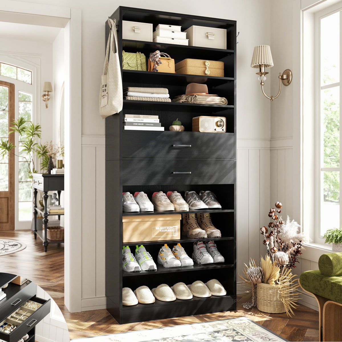 Aheaplus 8-Tier Tall Shoe Rack with 2 Drawers