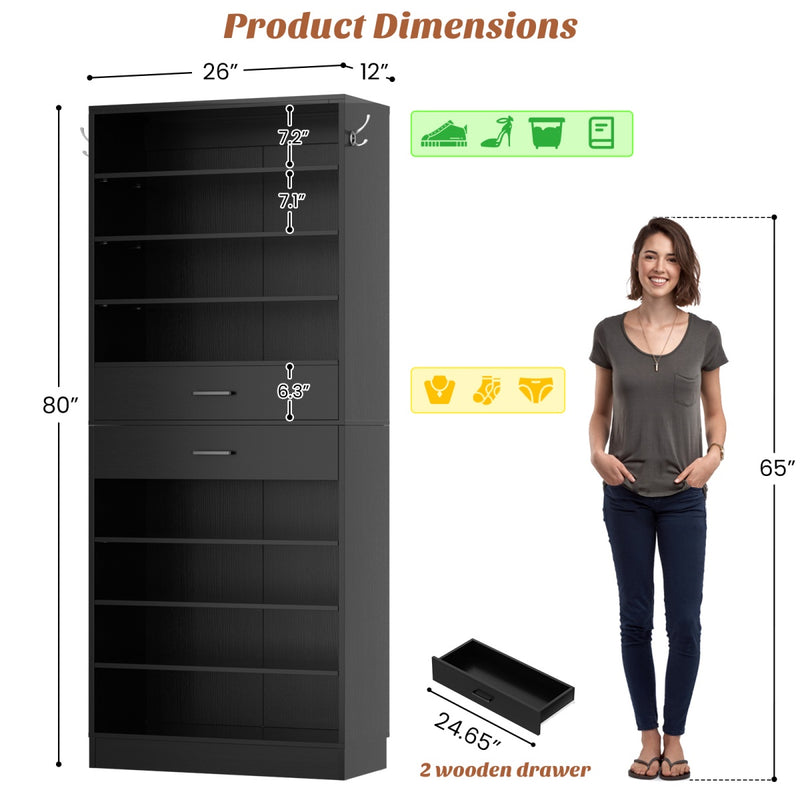 8-Tier Tall Shoe Rack with 2 Drawers