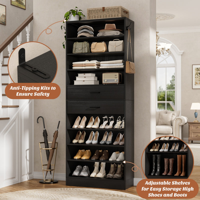 8-Tier Tall Shoe Rack with 2 Drawers