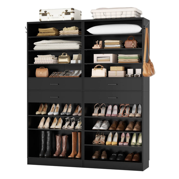 8 Tier Tall Shoe Rack Cabinet with 2 Drawers and Hooks, 2-Piece Set