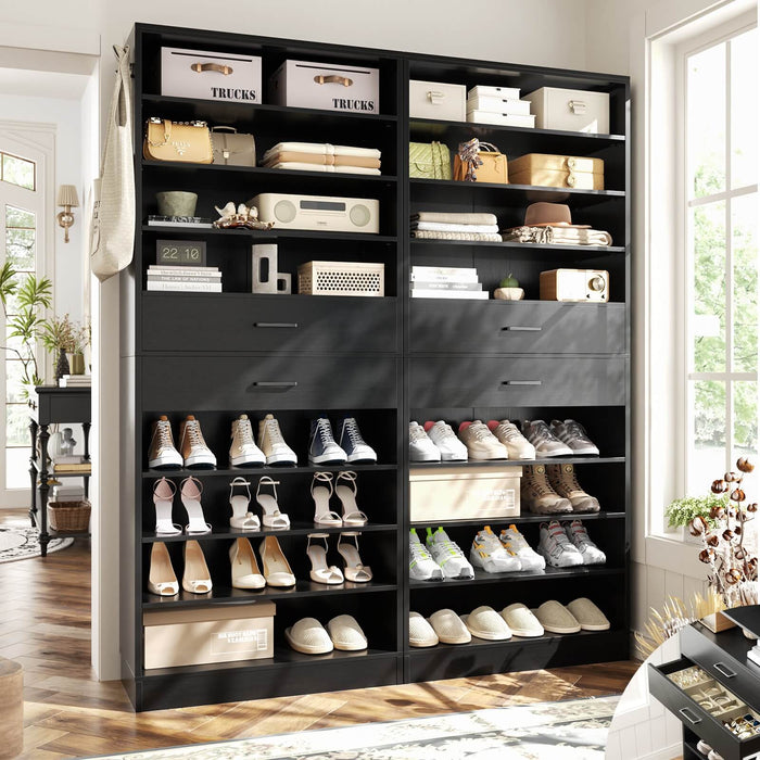 8 Tier Tall Shoe Rack Cabinet with 2 Drawers and Hooks, 2-Piece Set