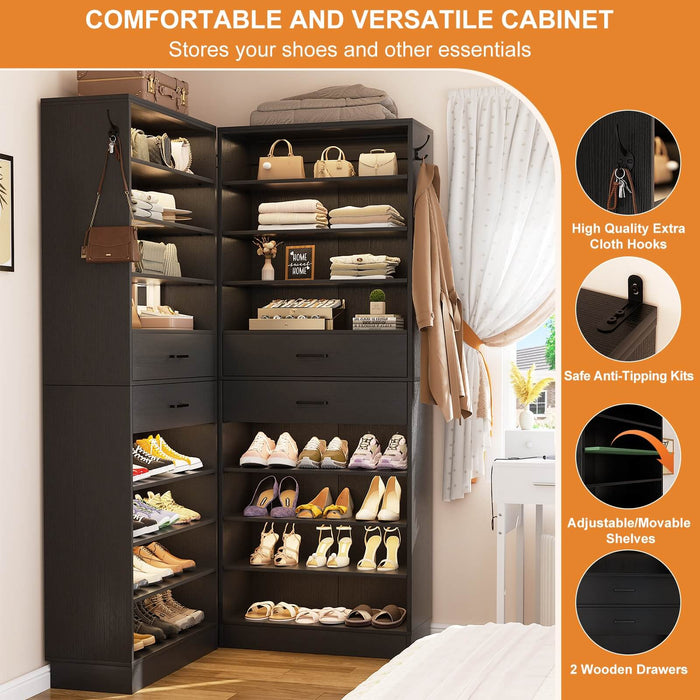 8 Tier Tall Shoe Rack Cabinet with 2 Drawers and Hooks, 2-Piece Set
