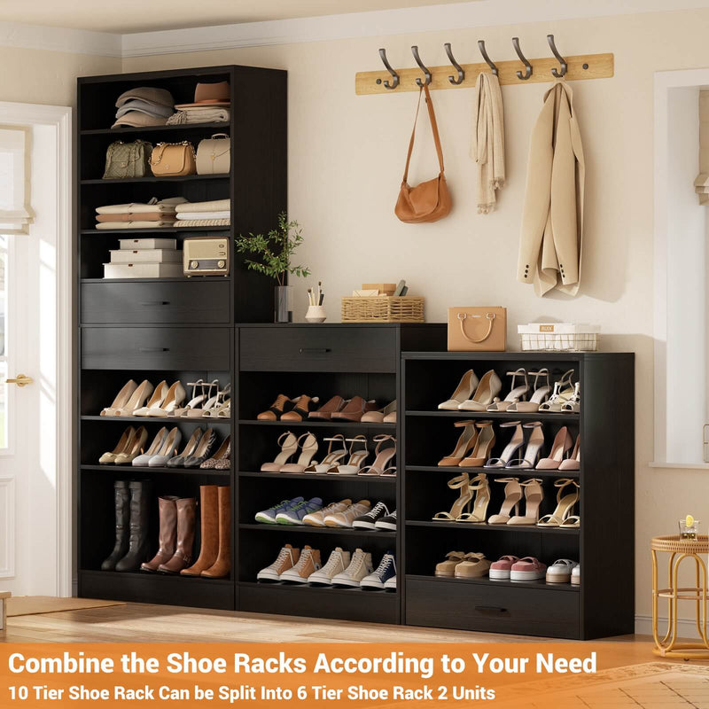 8 Tier Tall Shoe Rack Cabinet with 2 Drawers and Hooks, 2-Piece Set
