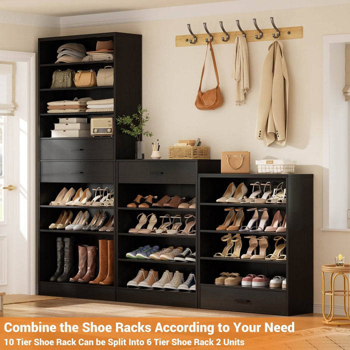 8 Tier Tall Shoe Rack Cabinet with 2 Drawers and Hooks, 2-Piece Set