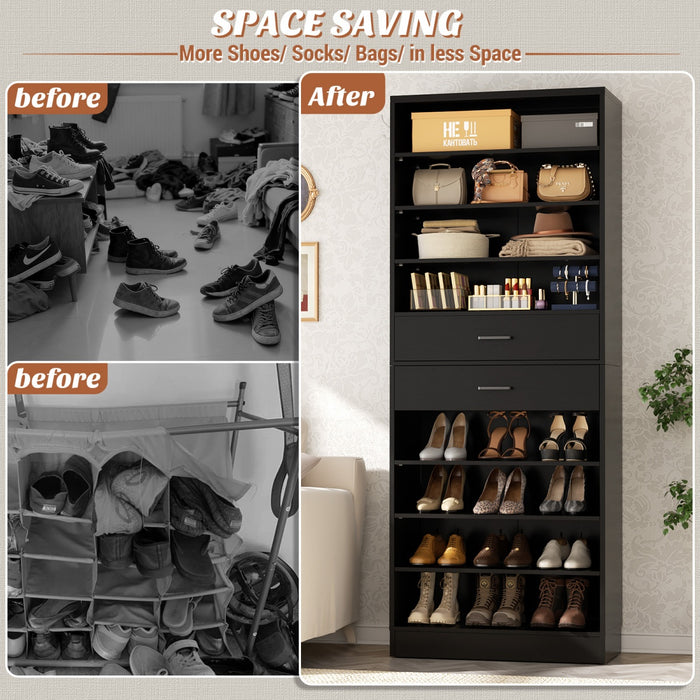 8-Tier Tall Shoe Rack with 2 Drawers