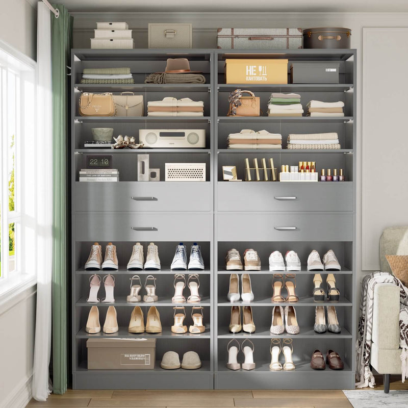 10-tier Tall Shoe Rack 2-Piece Set with 4 Wooden Drawers, 52'' Width