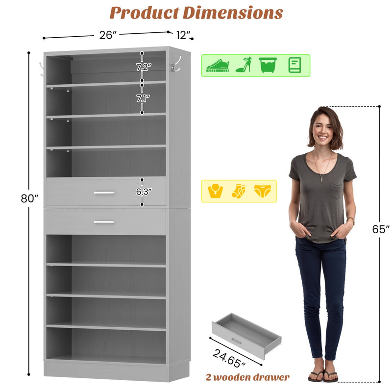 8-Tier Tall Shoe Rack with 2 Drawers