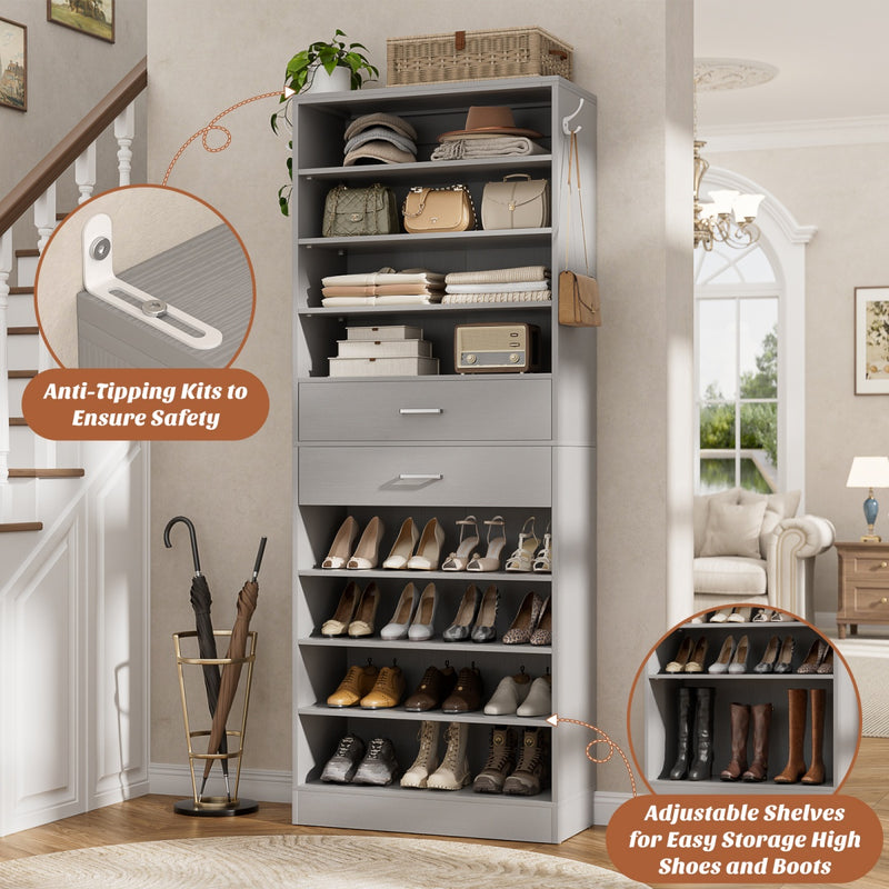 8-Tier Tall Shoe Rack with 2 Drawers
