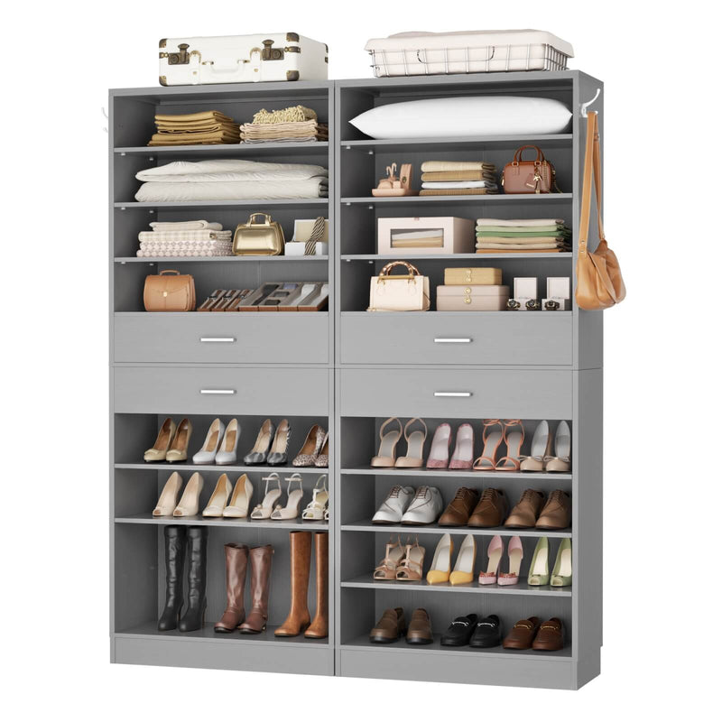 8 Tier Tall Shoe Rack Cabinet with 2 Drawers and Hooks, 2-Piece Set