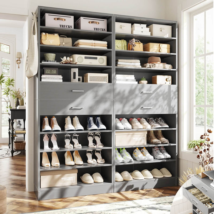 8 Tier Tall Shoe Rack Cabinet with 2 Drawers and Hooks, 2-Piece Set