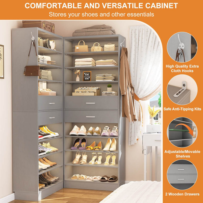 8 Tier Tall Shoe Rack Cabinet with 2 Drawers and Hooks, 2-Piece Set