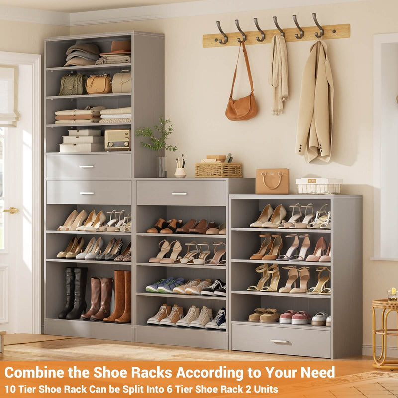 8 Tier Tall Shoe Rack Cabinet with 2 Drawers and Hooks, 2-Piece Set